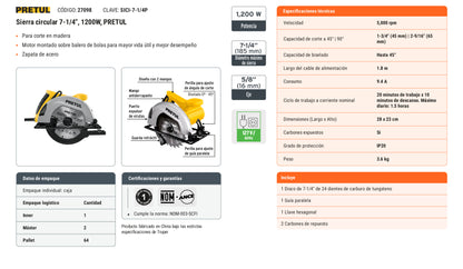 Ficha tecnica - Sierra circular 7-1/4 pulg 1200W - SKU 27098
