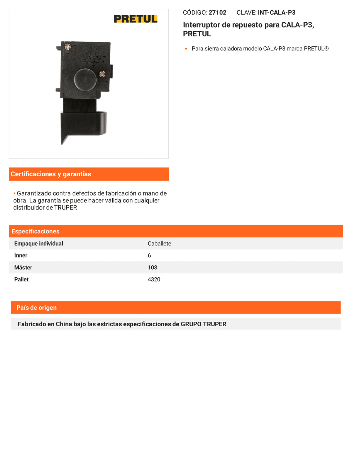 Ficha tecnica - Interruptor para CALA-P3 - SKU 27102