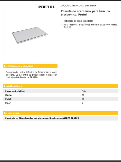 Charola de acero inoxidable para báscula electrónica