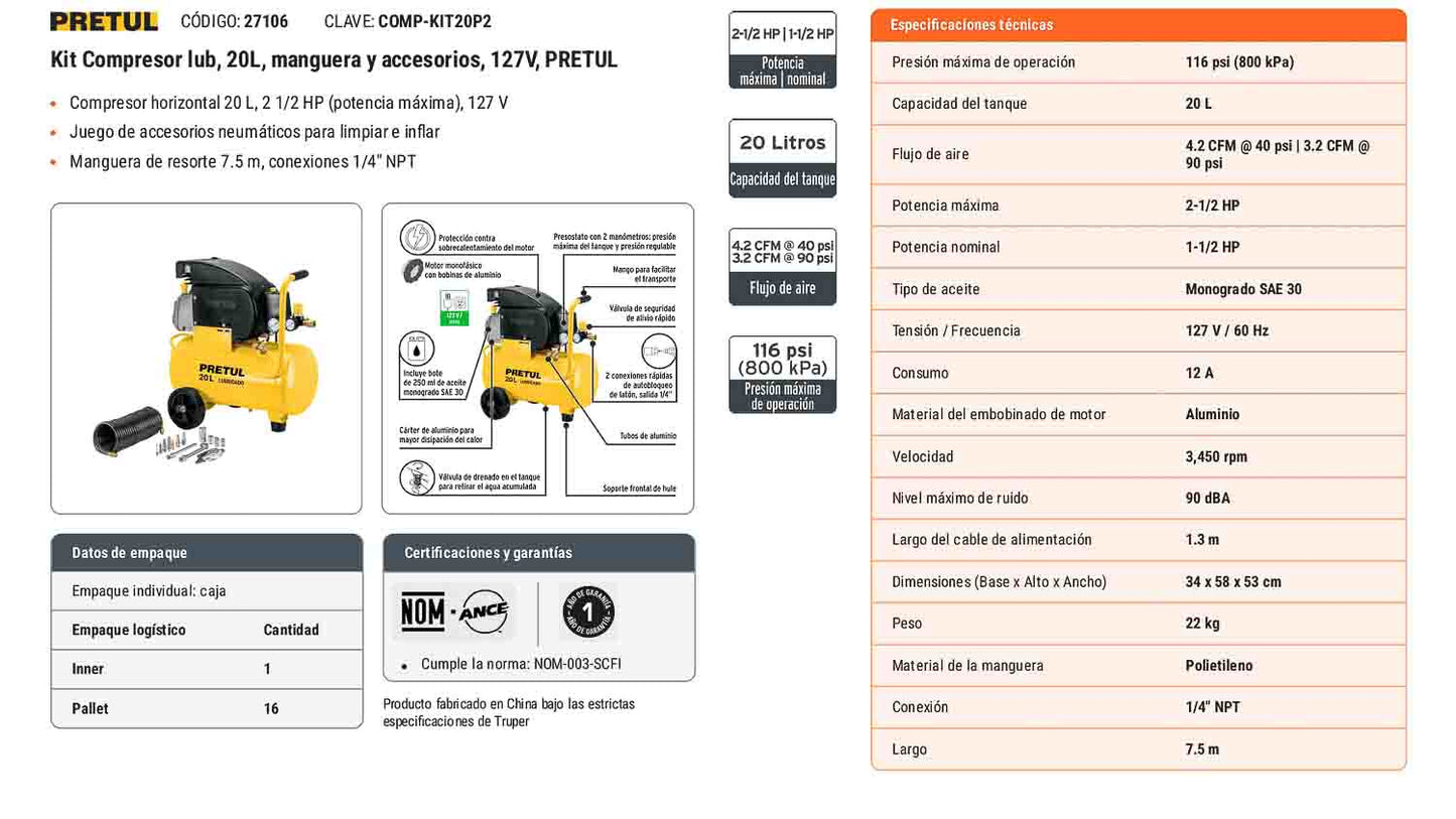 Kit compresor 20 L manguera y accesorios