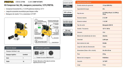 Kit compresor 20 L manguera y accesorios
