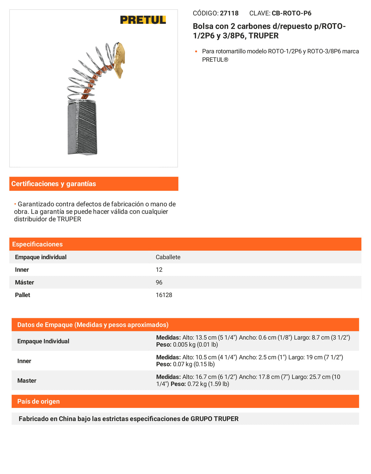 Ficha tecnica - 2 carbones d/repuesto p/ROTO-1/2P6 y 3/8P6 - SKU 27118