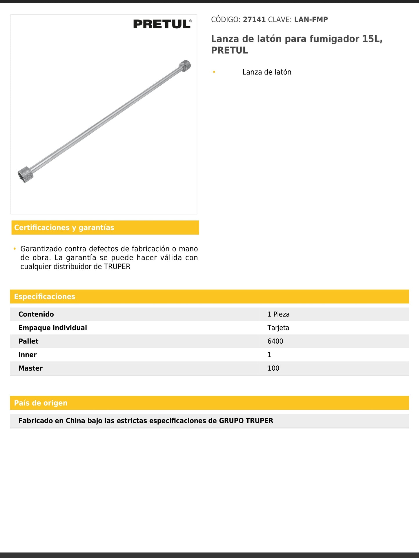 Lanza de latón para fumigador de 15 litros