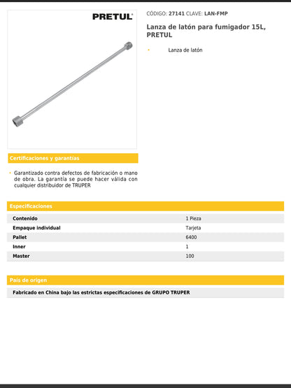 Lanza de latón para fumigador de 15 litros