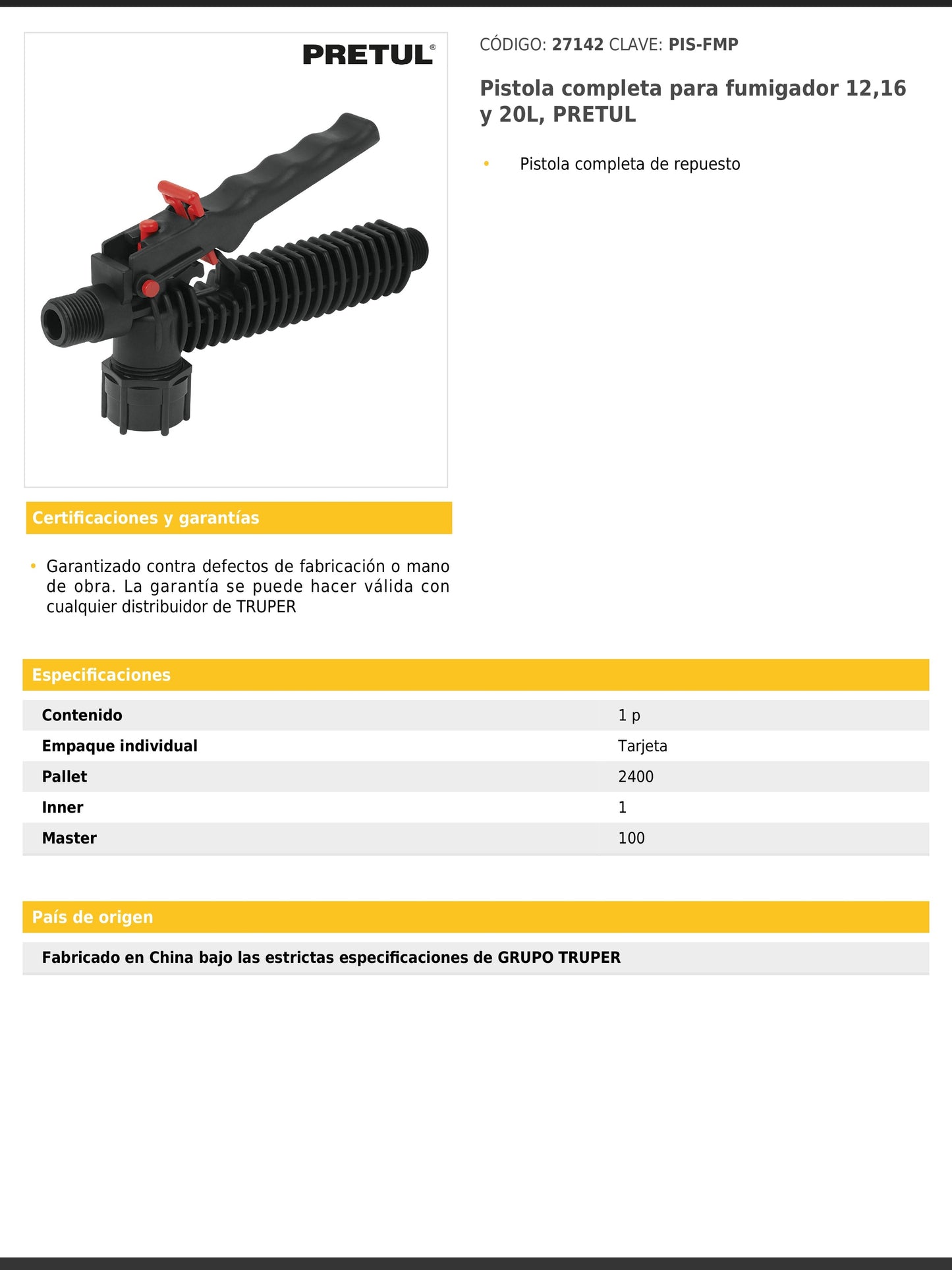 Pistola completa para fumigador de 12 16 y 20 litros