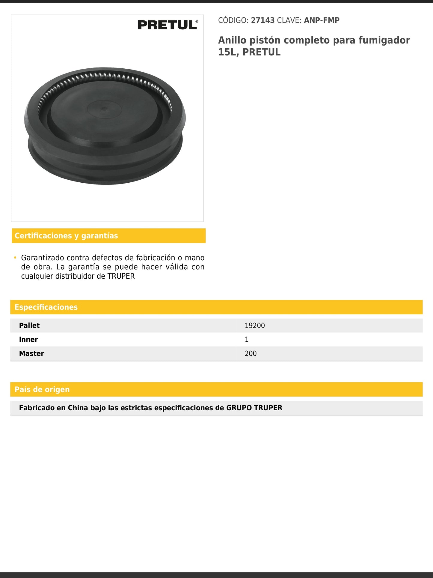 Anillo pistón completo para fumigador de 15 L