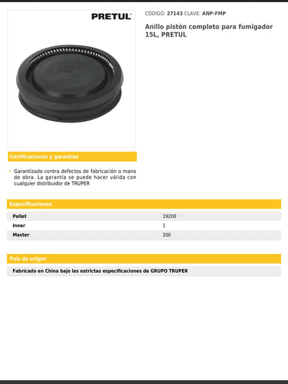 Anillo pistón completo para fumigador de 15 L