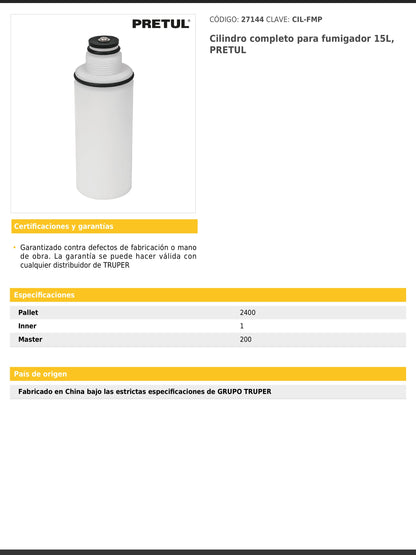Cilindro completo para fumigador de 15 L
