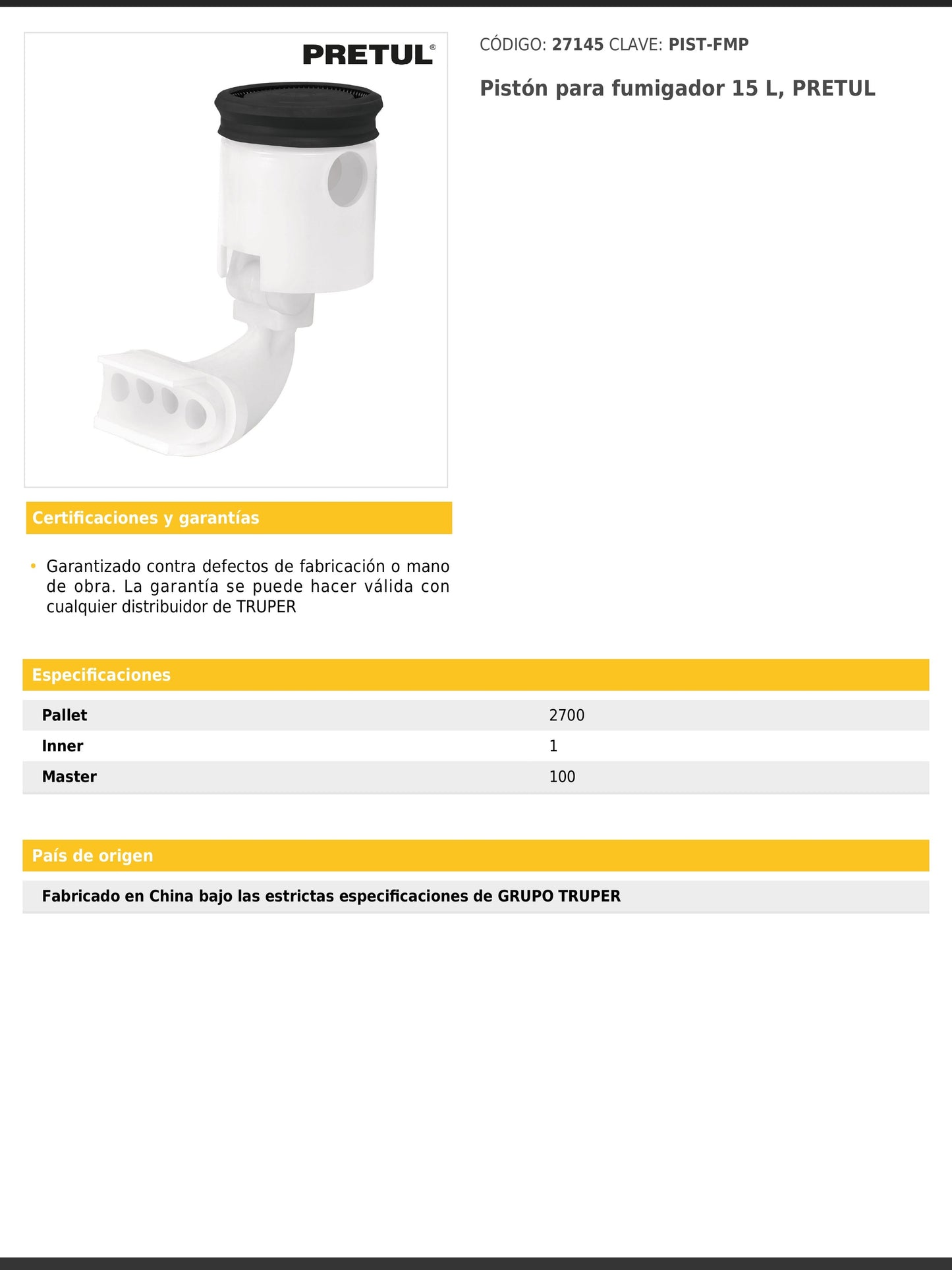 Pistón para fumigador de 15 litros