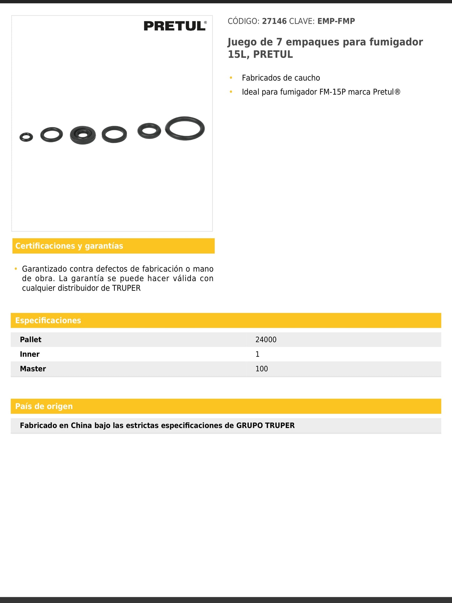 Juego de empaques para fumigador de 15 litros