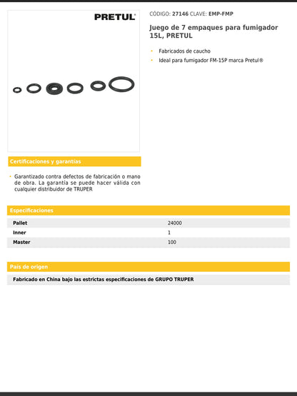 Juego de empaques para fumigador de 15 litros