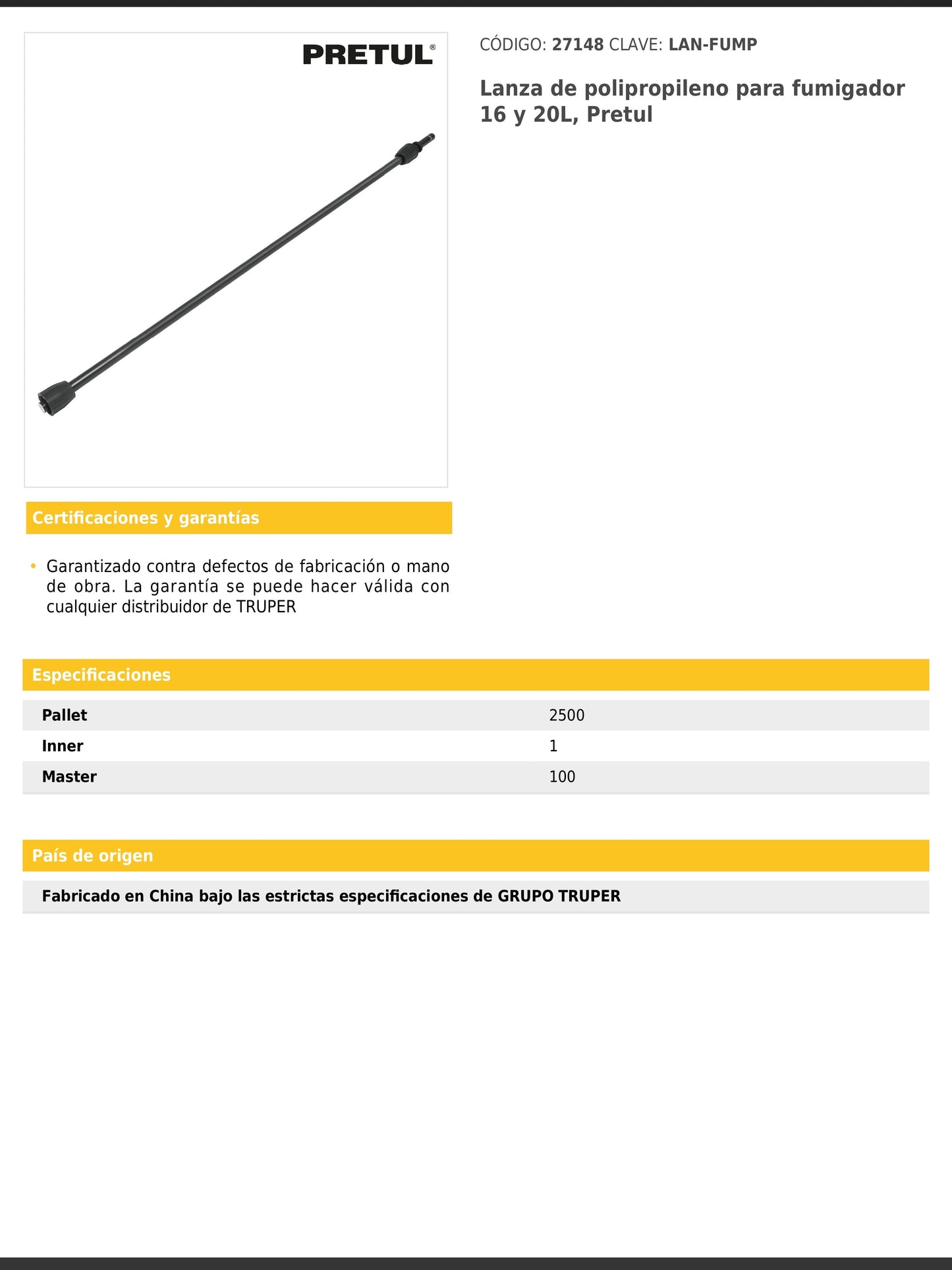 Lanza de polipropileno para fumigador de 16 y 20 L