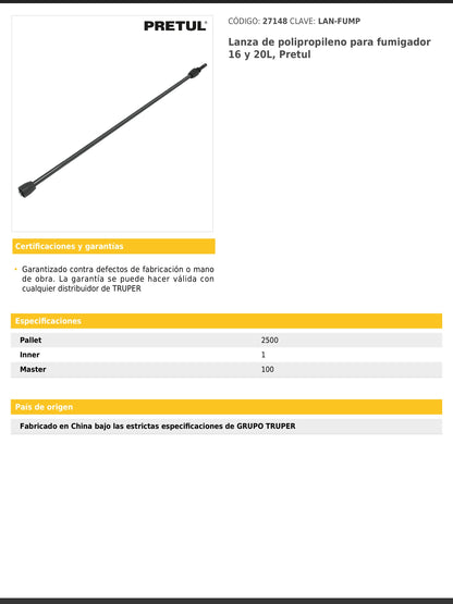 Lanza de polipropileno para fumigador de 16 y 20 L