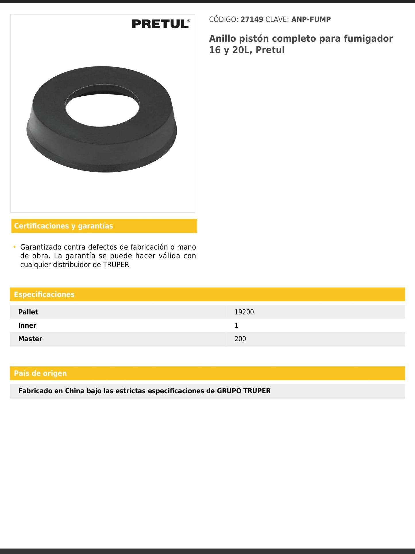 Anillo pistón completo para fumigador de 16 y 20 L