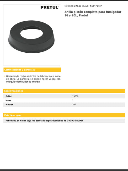 Anillo pistón completo para fumigador de 16 y 20 L