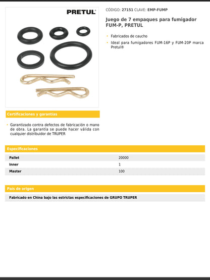 Juego de 7 empaques para fumigador FUM-P