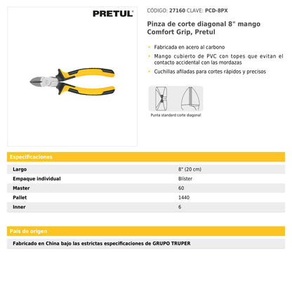 Pinza de punta y corte 8" mango Comfort Grip