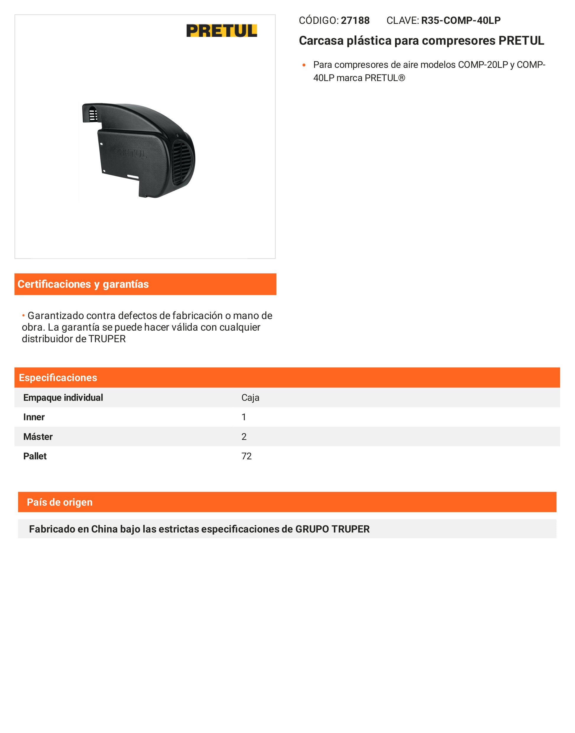 Ficha tecnica - Carcasa plastica para compresores - SKU 27188