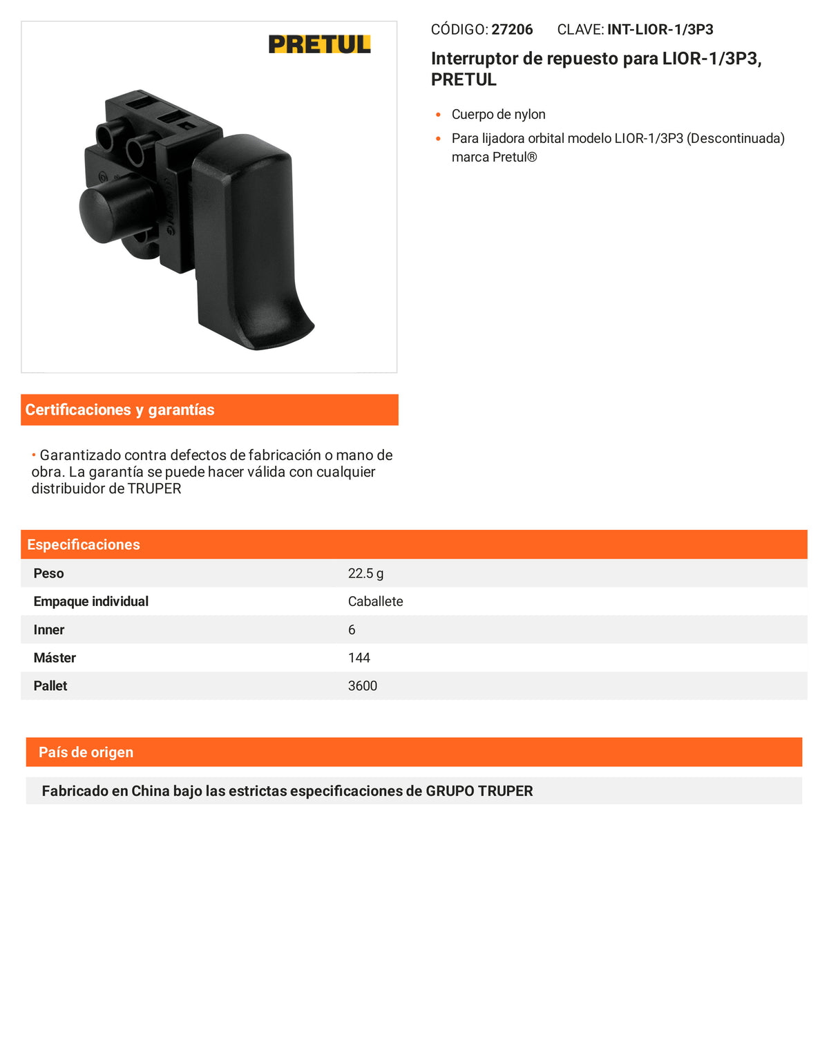 Ficha tecnica - Interruptor para LIOR-1/3P3 - SKU 27206