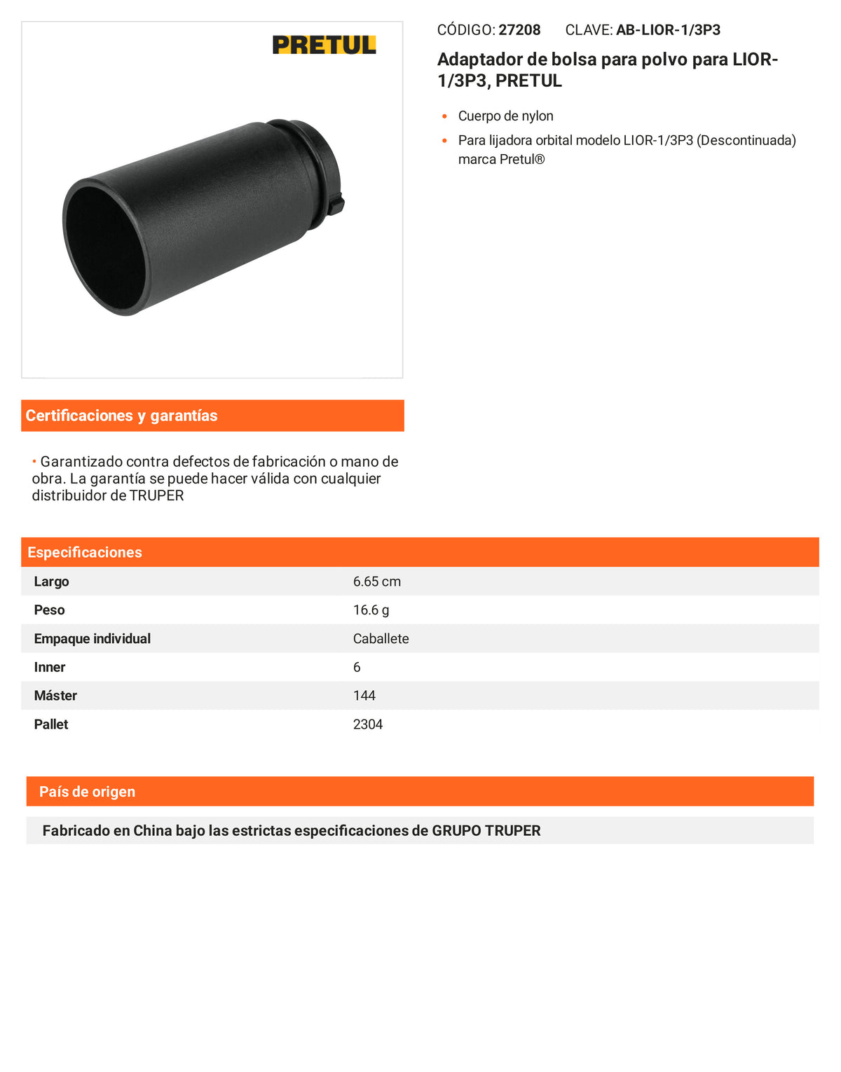 Ficha tecnica - Adaptador de bolsa para polvo para LIOR-1/3P3 - SKU 27208