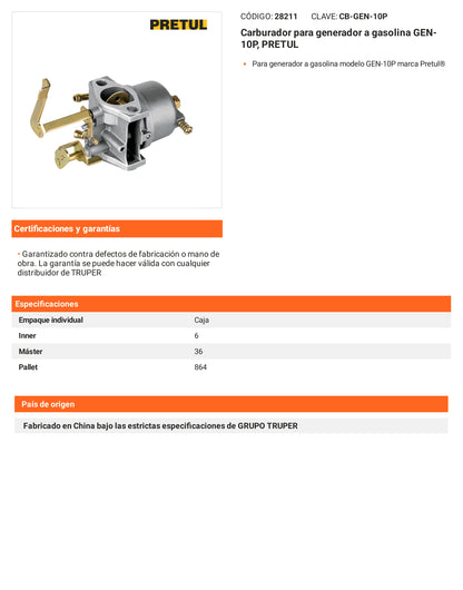 Ficha tecnica - Carburador para generador a gasolina GEN-10P - SKU 28211
