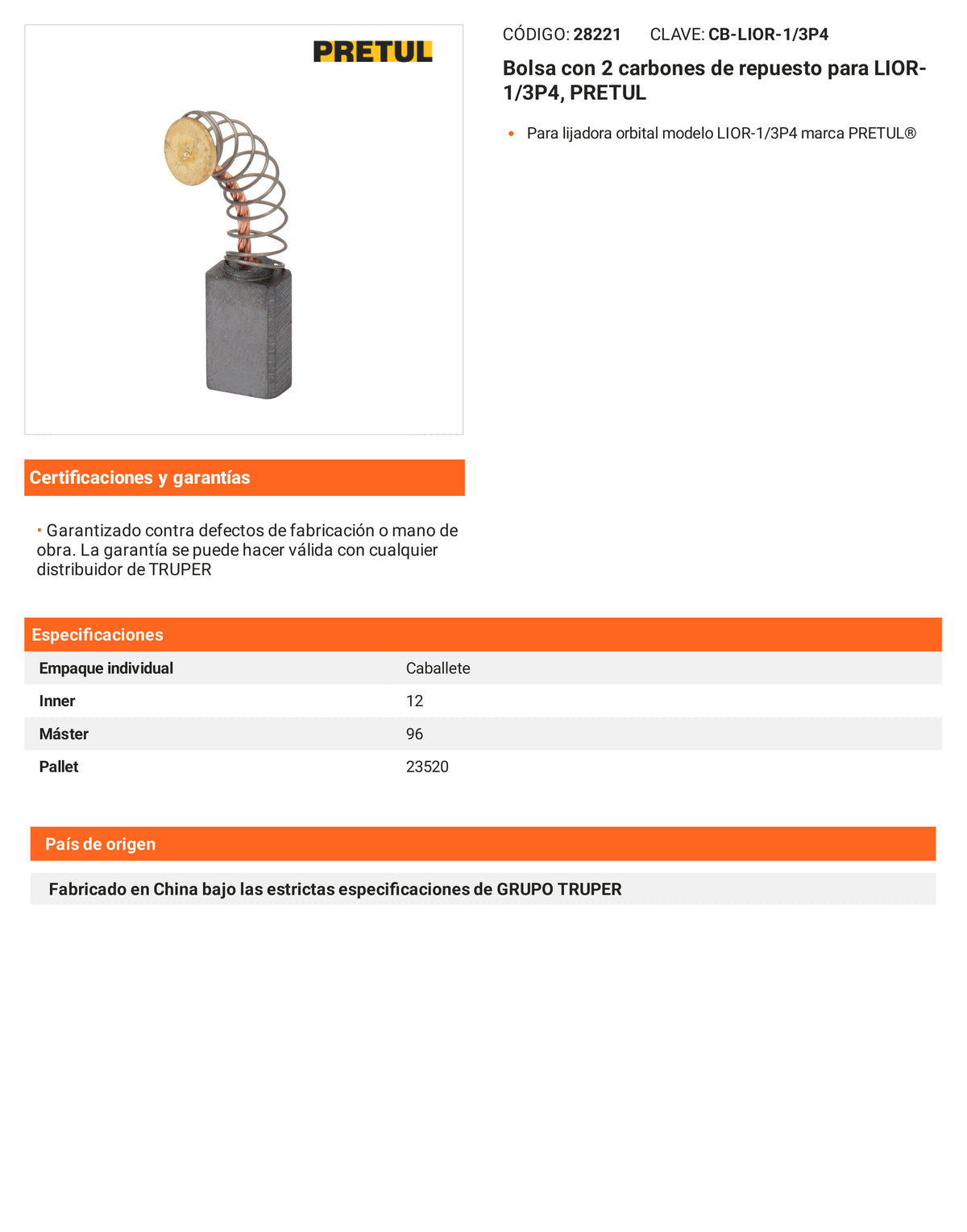 Ficha tecnica - 2 carbones para LIOR-1/3P4 - SKU 28221