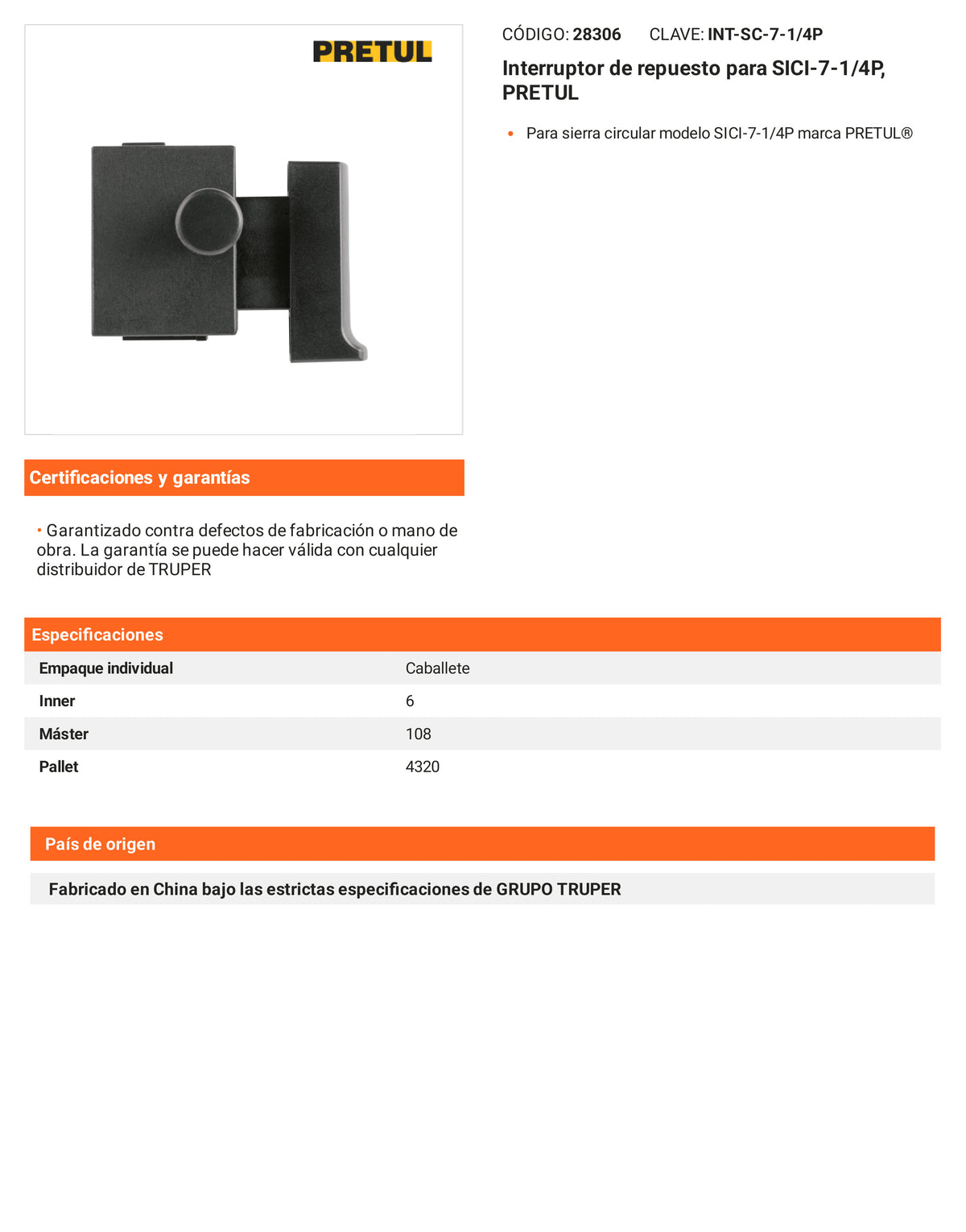 Ficha tecnica - Interruptor para SICI-7-1/4P - SKU 28306