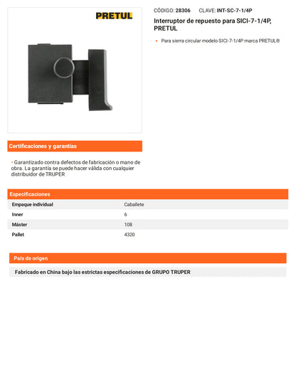 Ficha tecnica - Interruptor para SICI-7-1/4P - SKU 28306