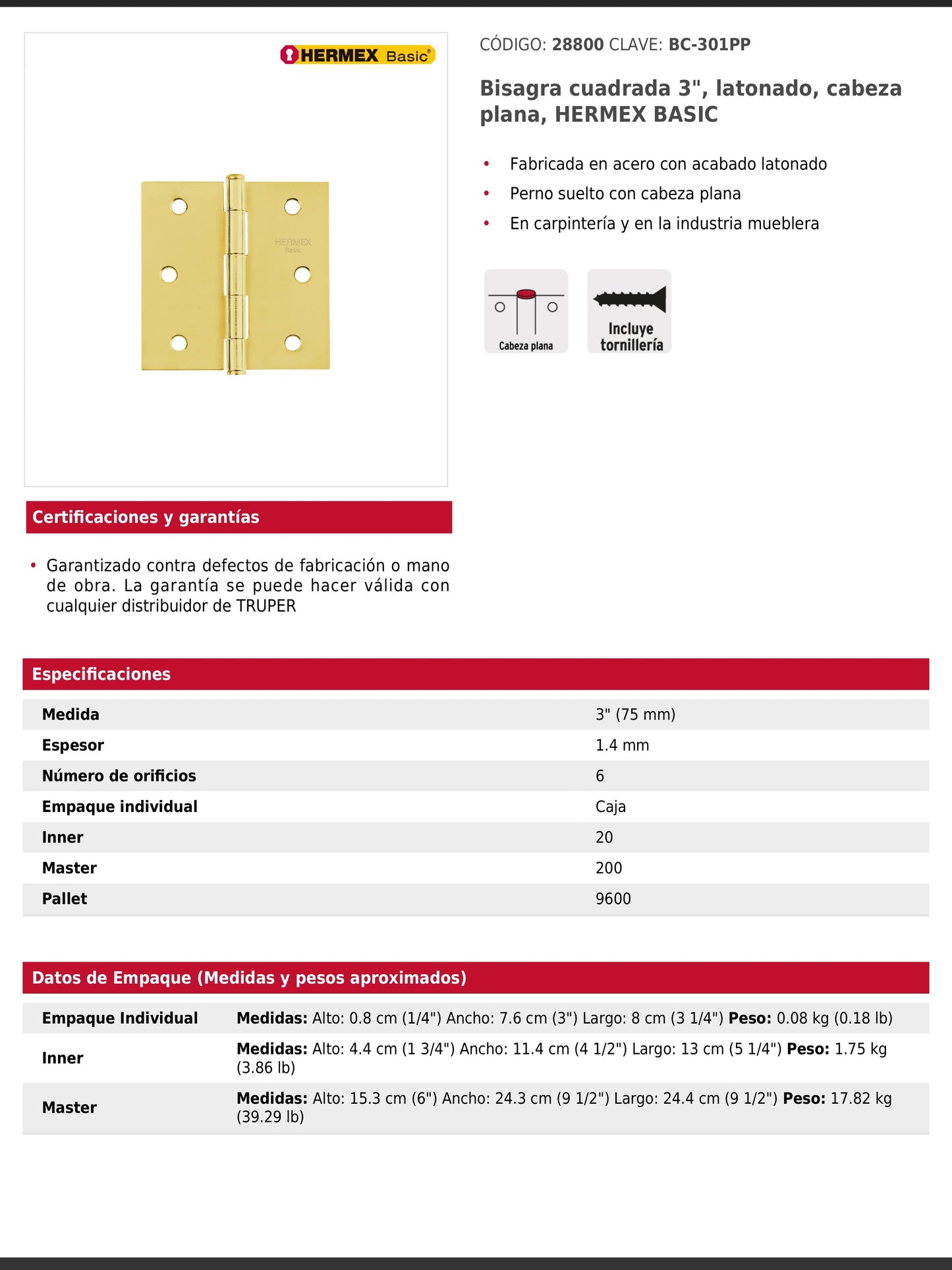 Bisagra cuadrada de acero con acabado latonado