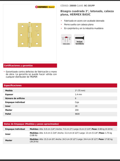 Bisagra cuadrada de acero con acabado latonado