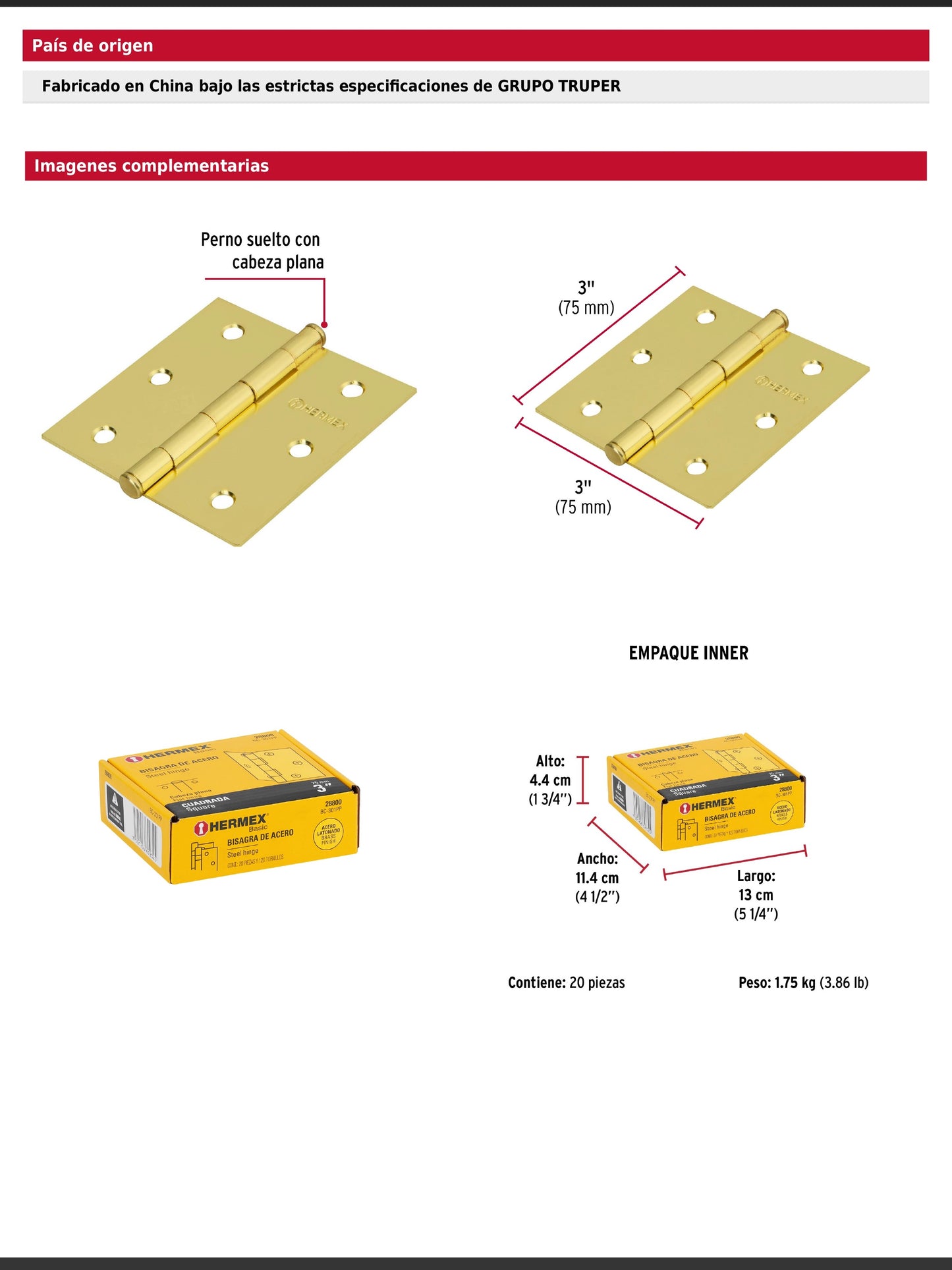 Bisagra cuadrada de acero con acabado latonado