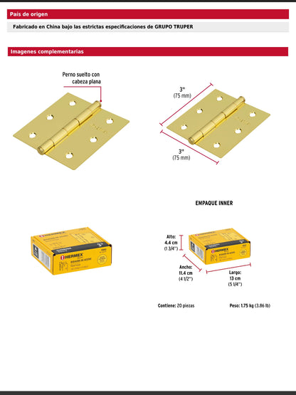 Bisagra cuadrada de acero con acabado latonado