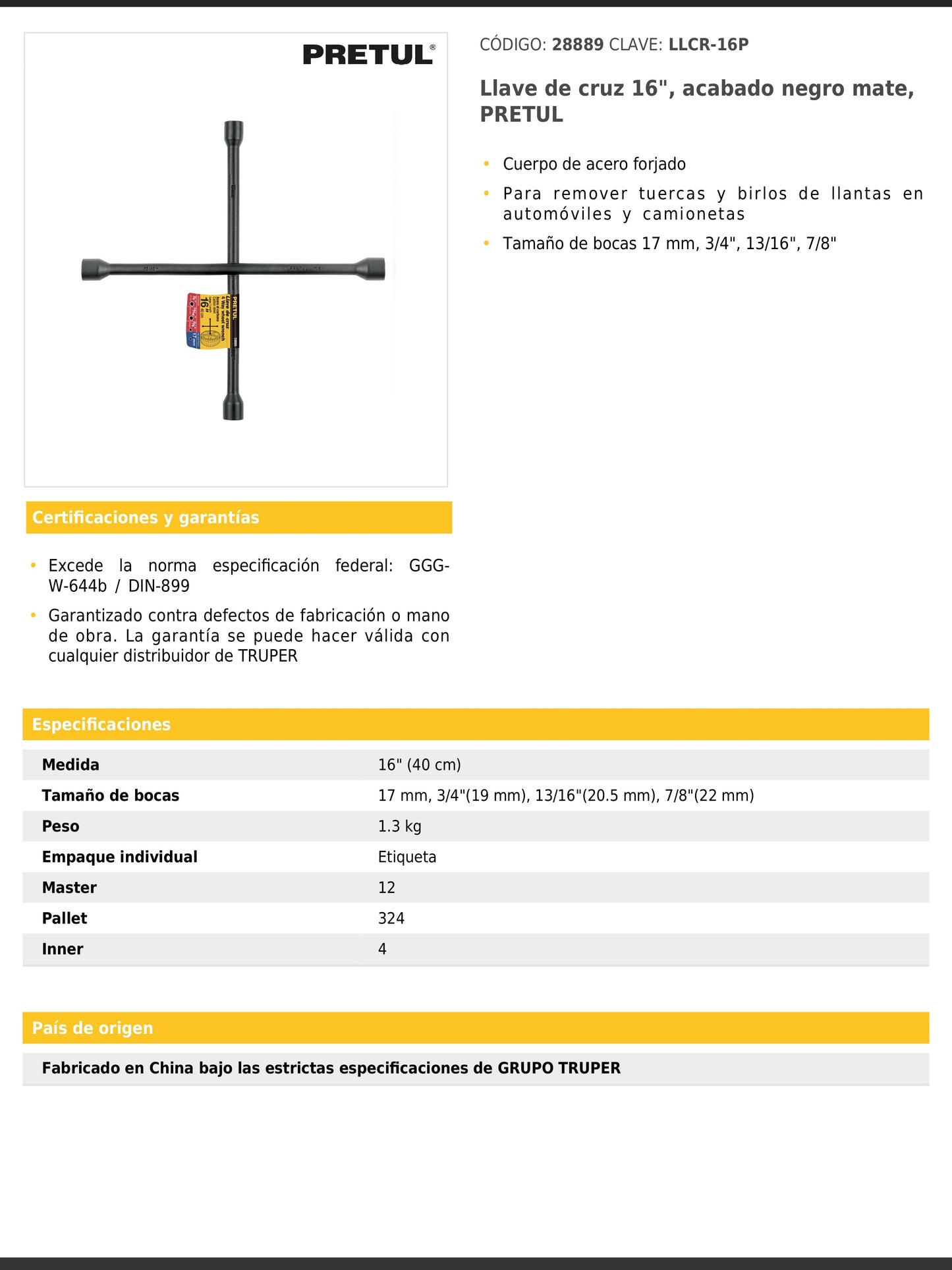 Llave de cruz de 40 cm en acabado negro mate