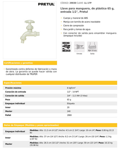 Llave para manguera de plástico 65 g entrada 1/2"