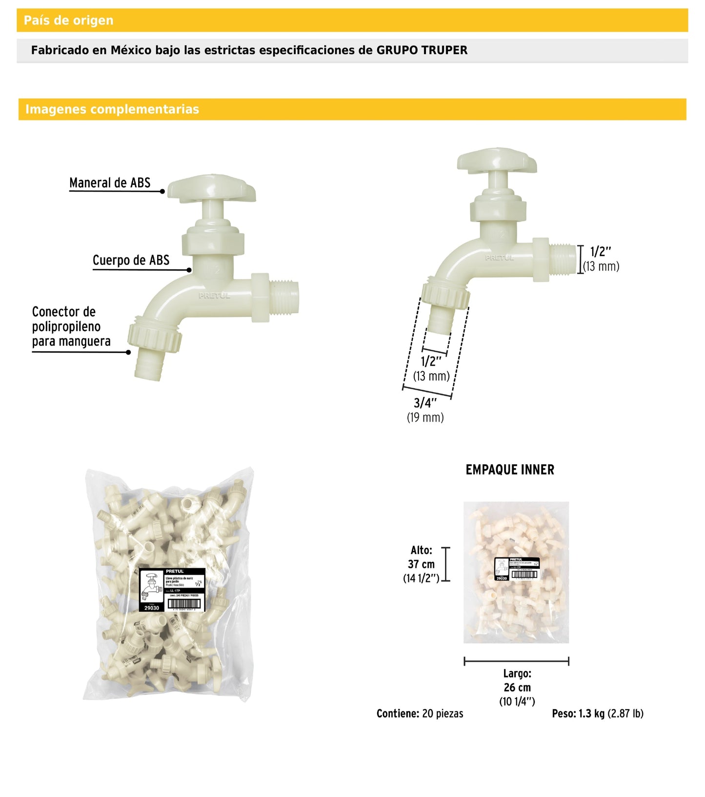 Llave para manguera de plástico 65 g entrada 1/2"