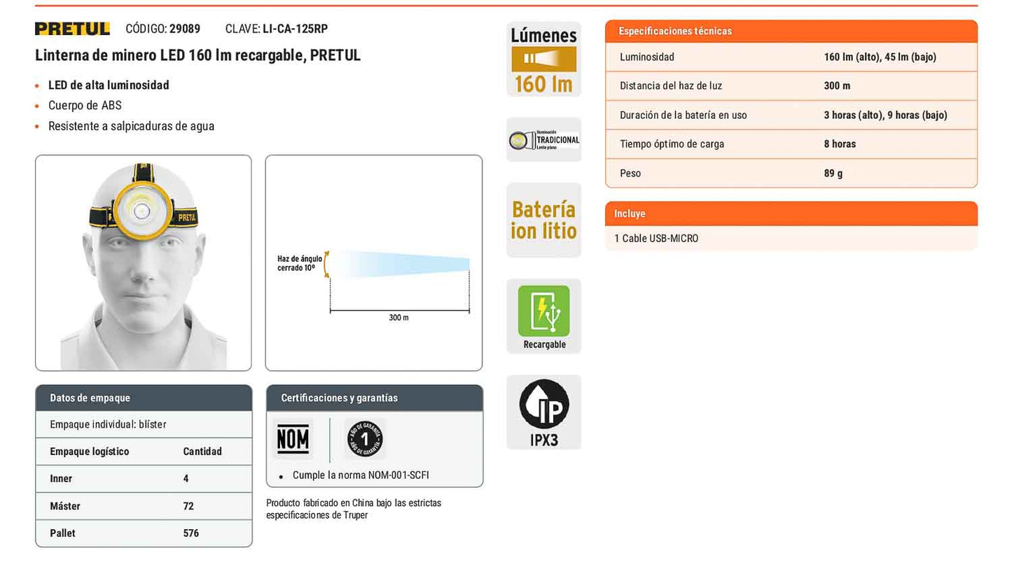 Linterna de minero LED 160 lm USB