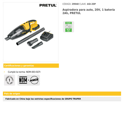 Aspiradora para auto de 20 V con batería de 2 Ah