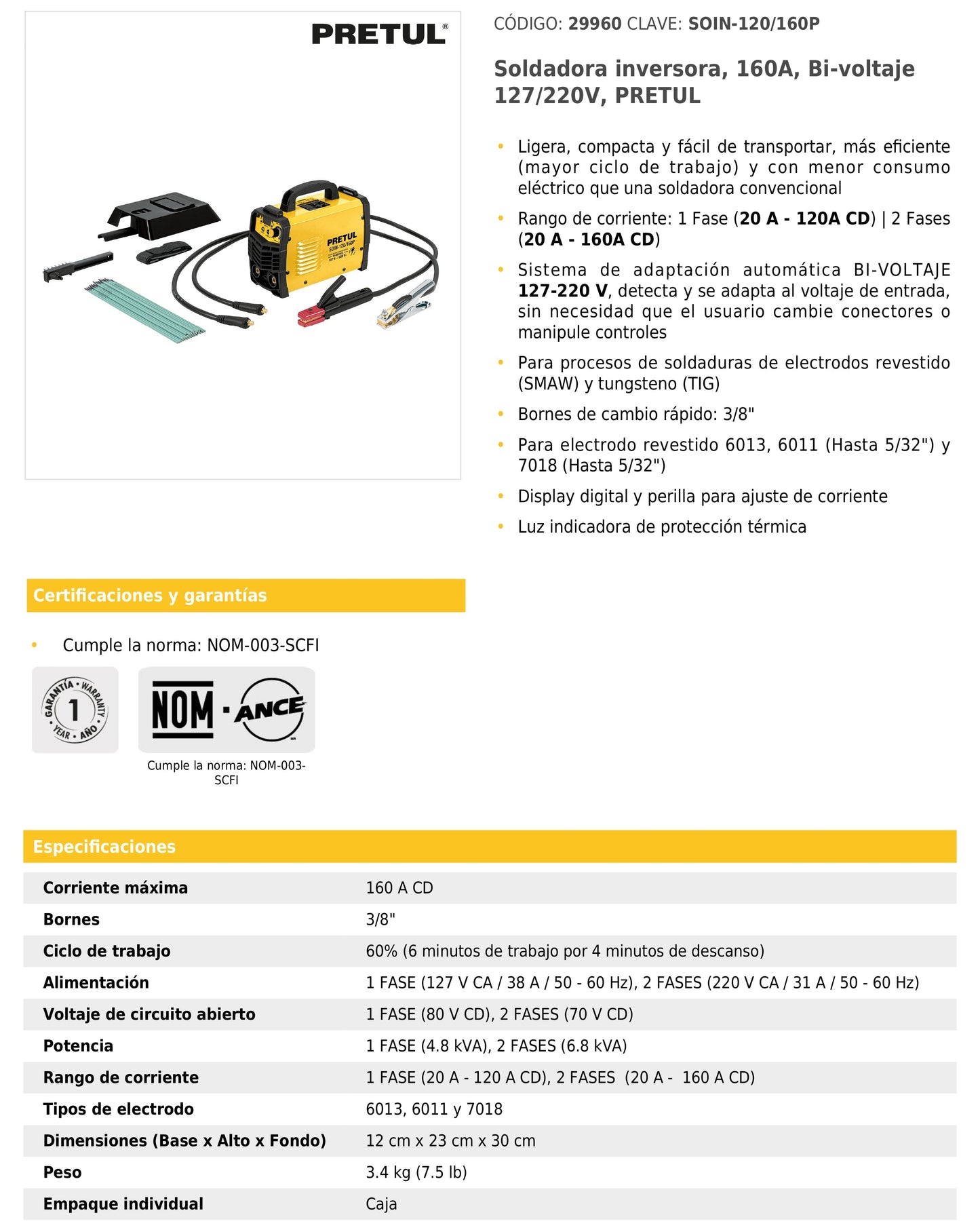 Soldadora inversora de 160 A Bi-voltaje 127/220 V con display digital y función TIG