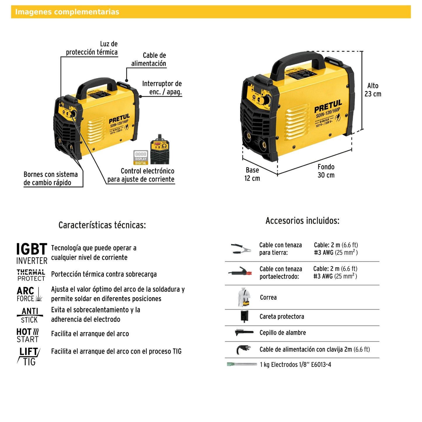 Soldadora inversora de 160 A Bi-voltaje 127/220 V con display digital y función TIG