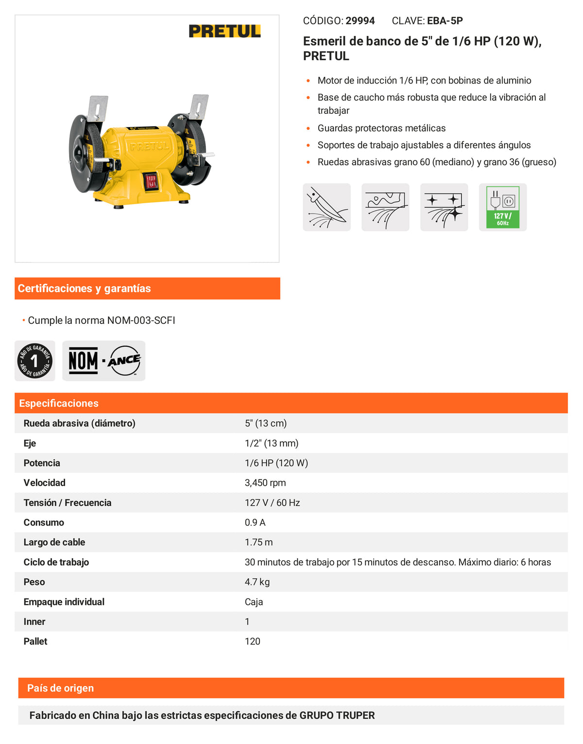 Ficha tecnica - Esmeril de banco de 5 pulg - SKU 29994