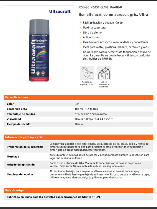 Esmalte acrílico en aerosol gris Ultra 400 ml