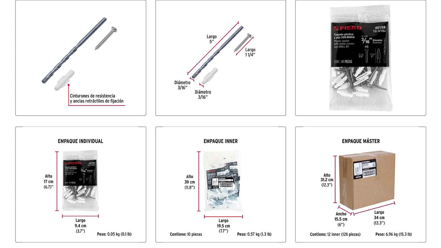 Kit Taquetes 3/16 pulg Tornillos y Broca