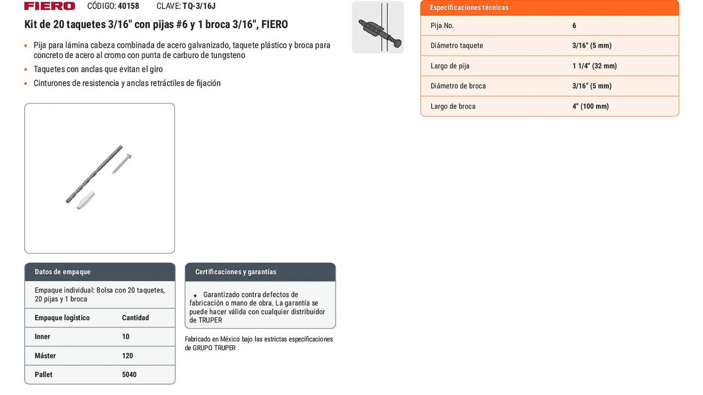 Kit Taquetes 3/16 pulg Tornillos y Broca
