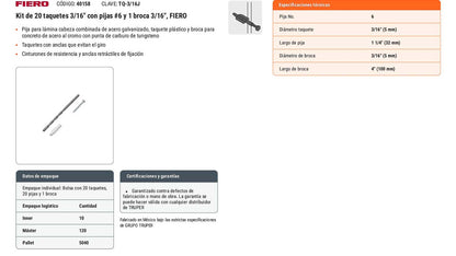 Kit Taquetes 3/16 pulg Tornillos y Broca