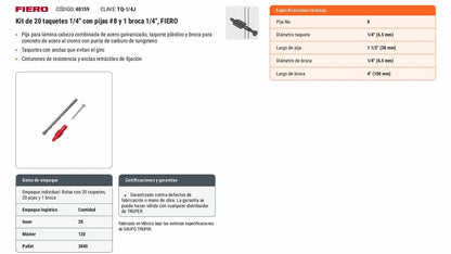 Kit Taquetes 1/4 pulg Tornillos y Broca