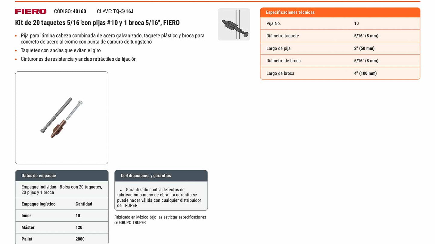 Kit Taquetes 5/16 pulg Tornillos y Broca