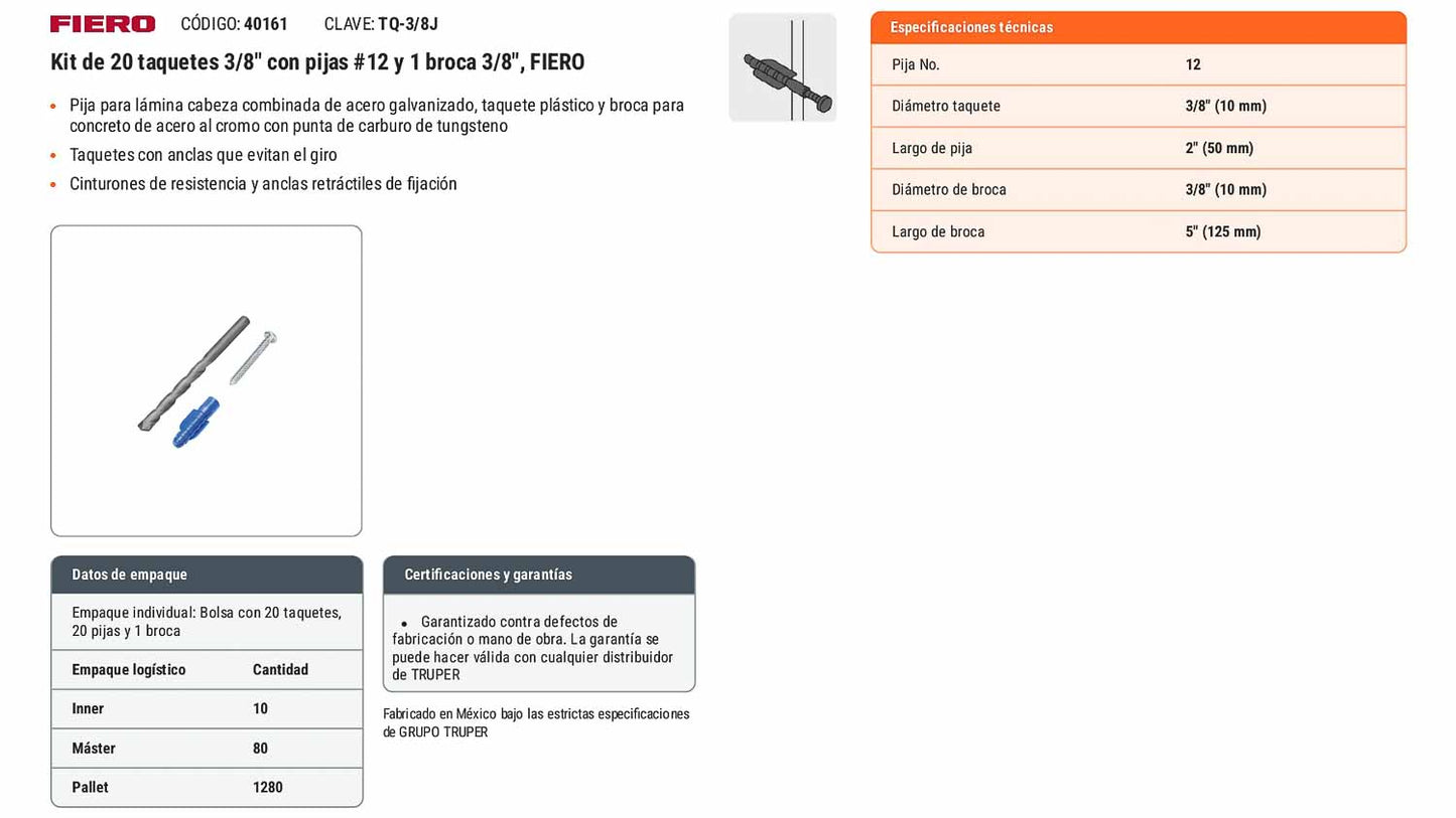 Kit Taquetes 3/8 pulg Tornillos y Broca