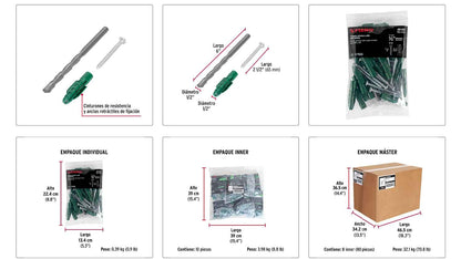 Kit Taquetes 1/2 pulg Tornillos y Broca