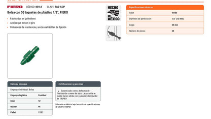 50 Taquetes de Plástico 1/2 pulg