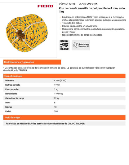 Cuerda Polipropileno 4mm Rollo 1kg